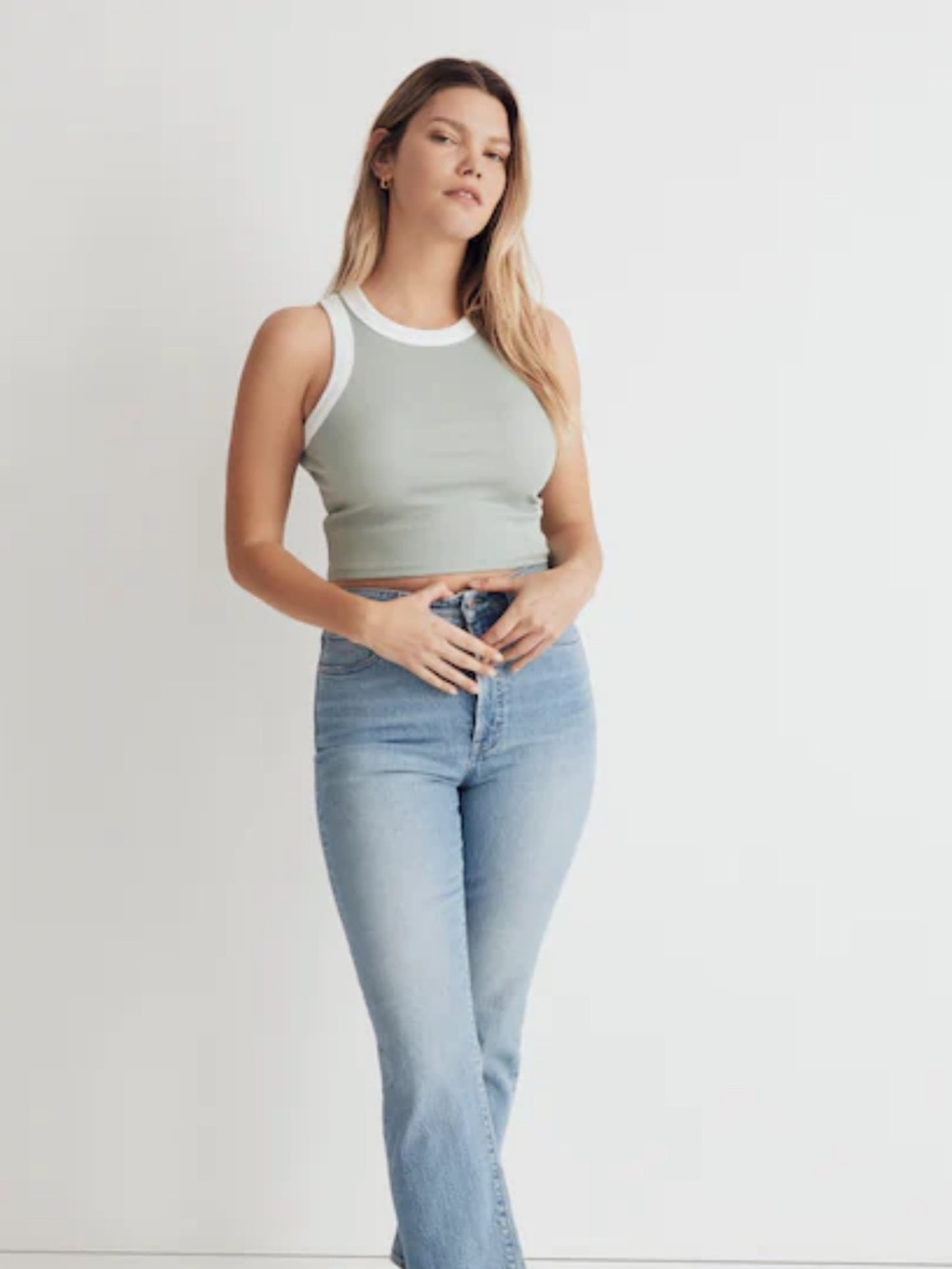 Madewell Green Ribbed Tank with White Trim